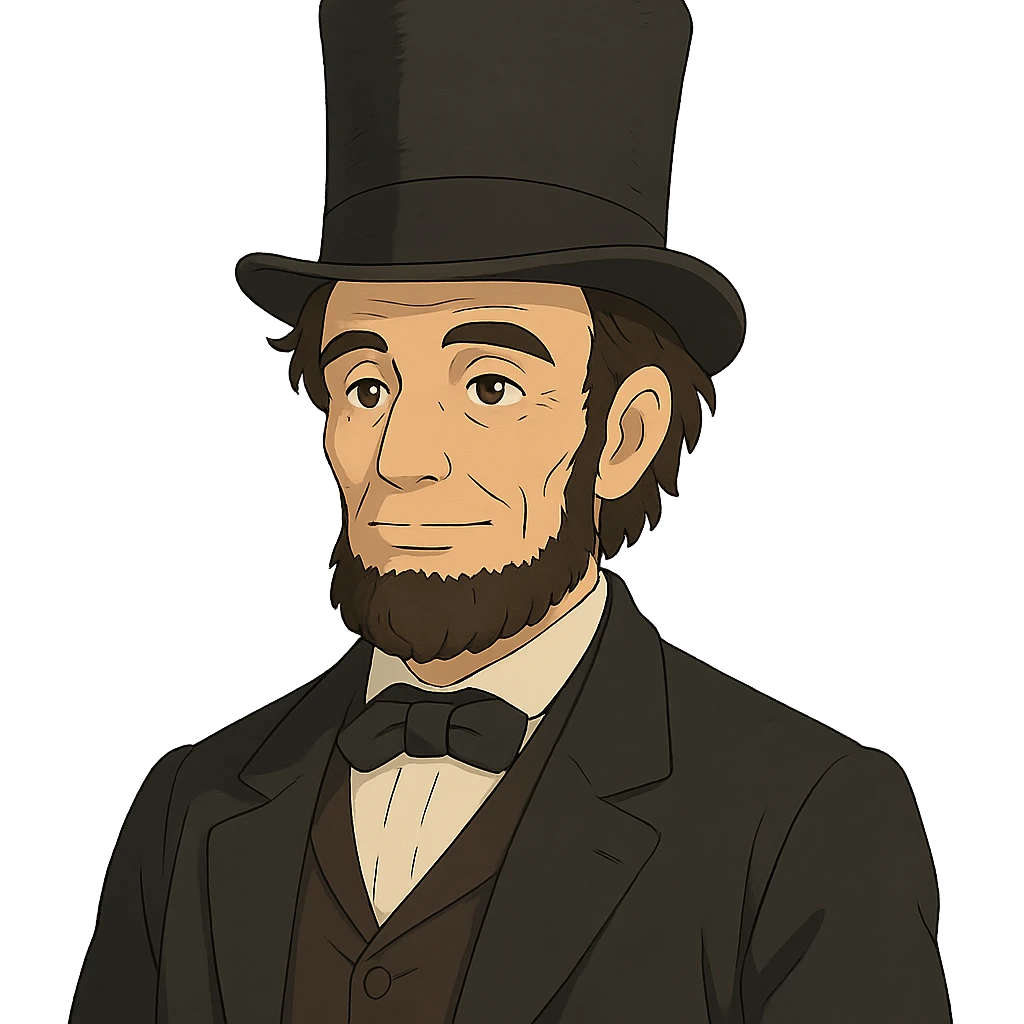 ghibli style portrait of Abraham Lincoln with gentle expression, top hat emoji