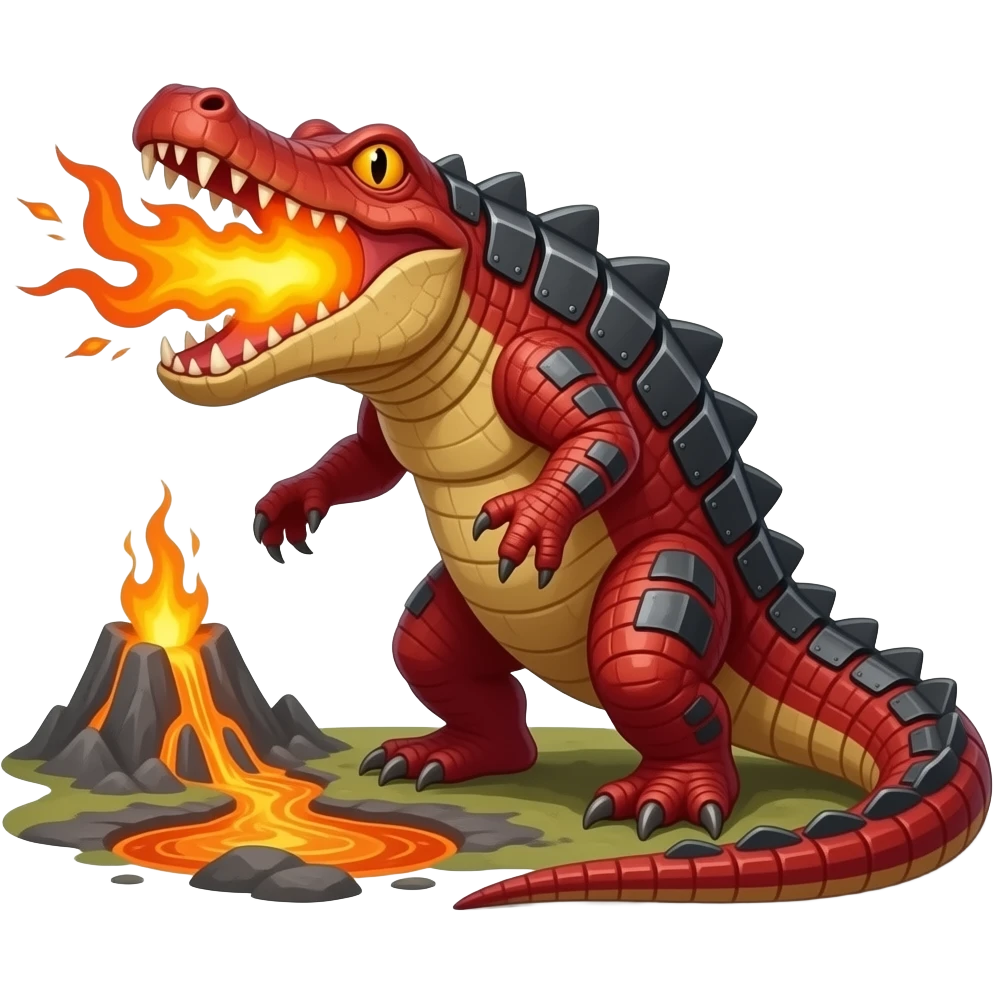 A red crocodile-like monster with charcoal armor plates and a furnace-hot jaw. It lurks near geothermal rivers and snaps with explosive bursts of heat. emoji