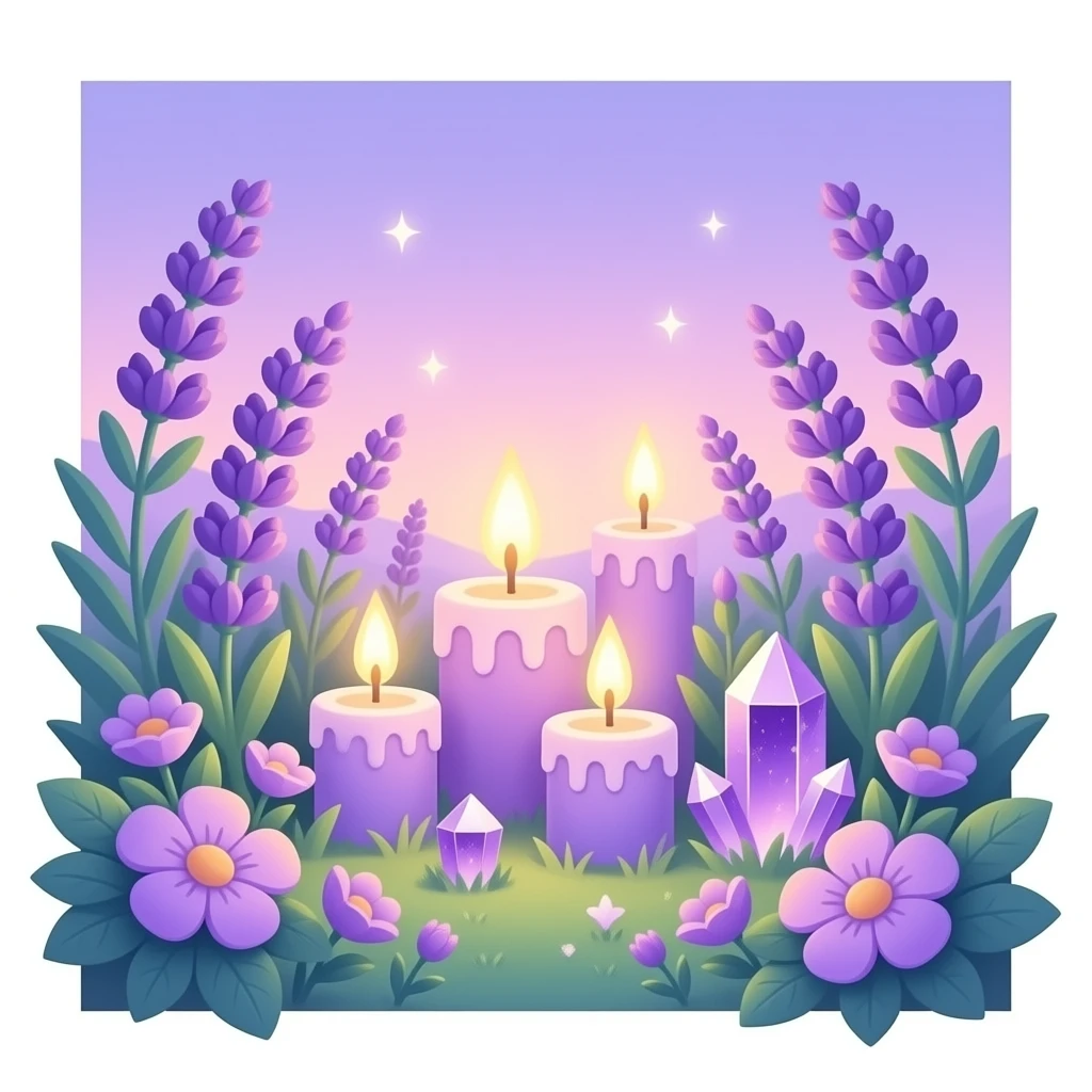 Aesthetic scenic romantic lavender lilac pastels beautiful gorgeous holy divine spiritual pretty elegant sparkly shiny scene of Candles, flowers, plants leaves, amethyst crystals, scenic aesthetic scenery Transparent background emoji