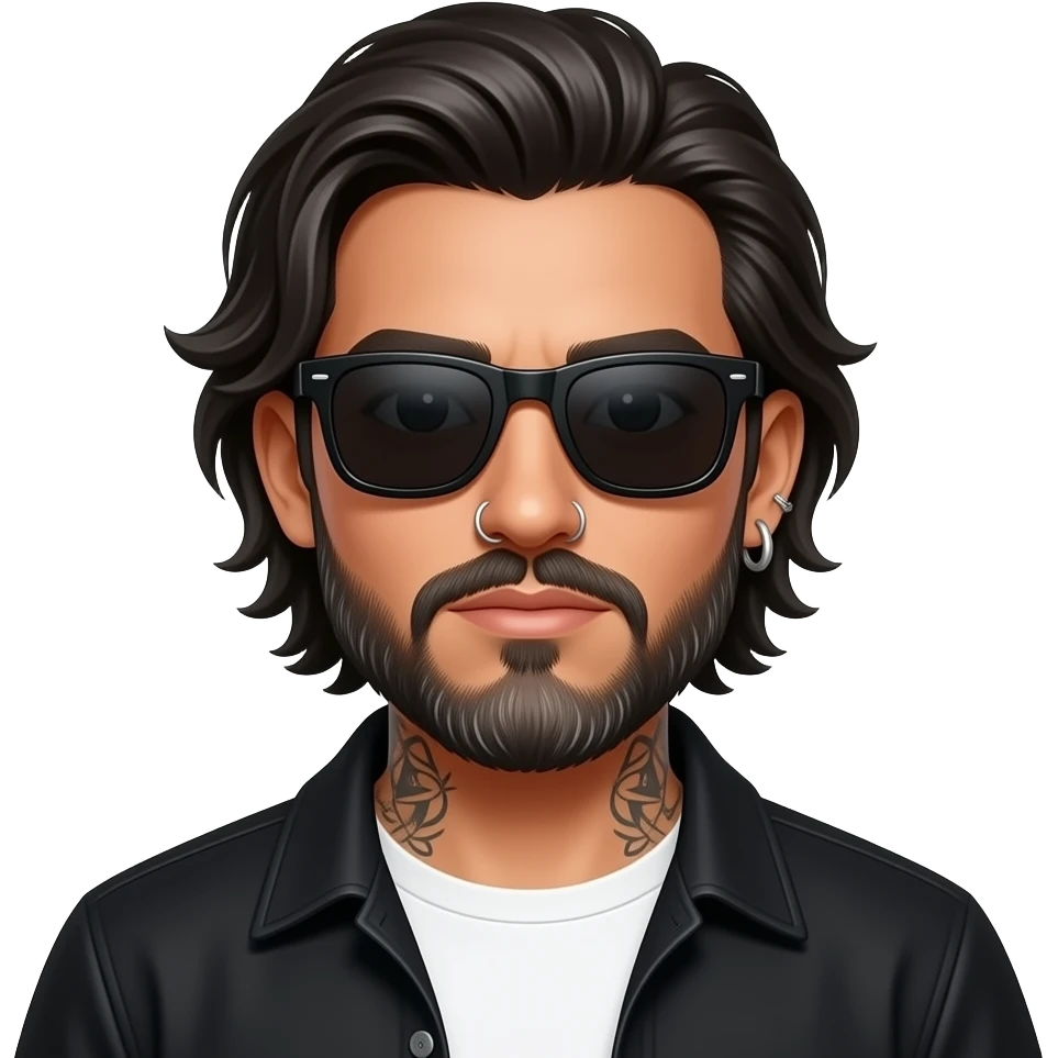 A handsome Latino man with medium length hair and pretty long beard with some grays and tattoos with a right nose hoop and a left earring hoop wearing all black with a white undershirt and black sunglasses emoji