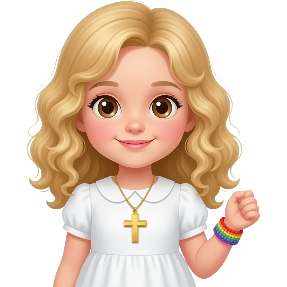 little girl with pale skin, pink cheeks, waist length tight curly, warm blond hair, big brown eyes, dimples, white dress, golden locket with a cross on it, and a rainbow crocheted bracelet on her wrist. emoji