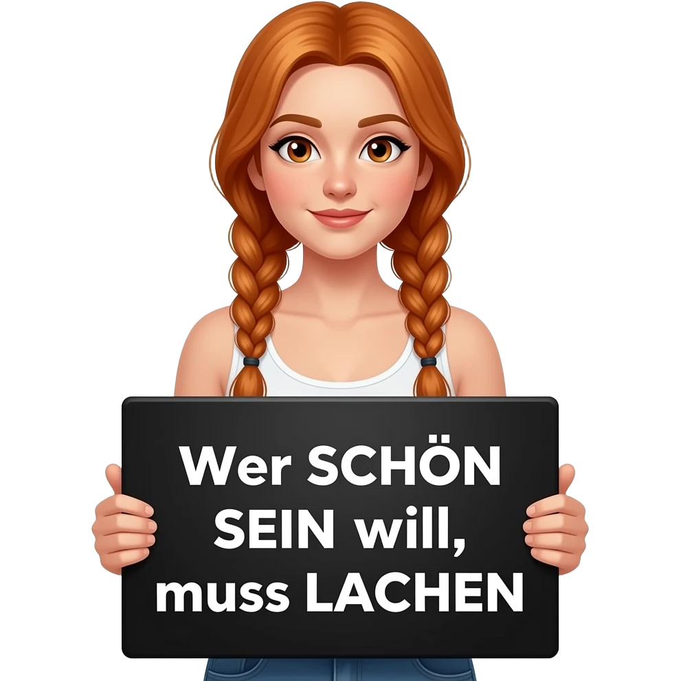 sexy girl with long ginger braids and ginger eyes wearing a white tanktop is holding a big black sign with Wer SCHÖN SEIN will, muss LACHEN written on it emoji