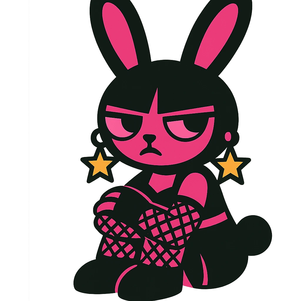 gothic bunny with black and pink colors, fishnet gloves, star-shaped earrings, vibrant toon style emoji
