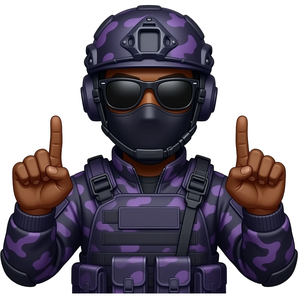Black Man in large black sungoggles dark purple camoflage tactical gear helmet and mask 2 middle fingers emoji