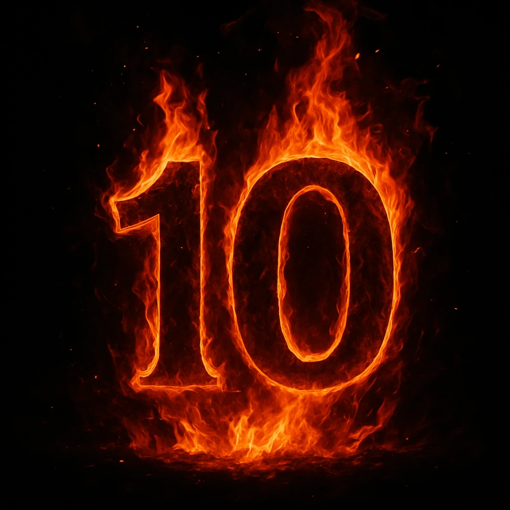 the number ten, stylized, engulfed in flames, dramatic fire effect emoji