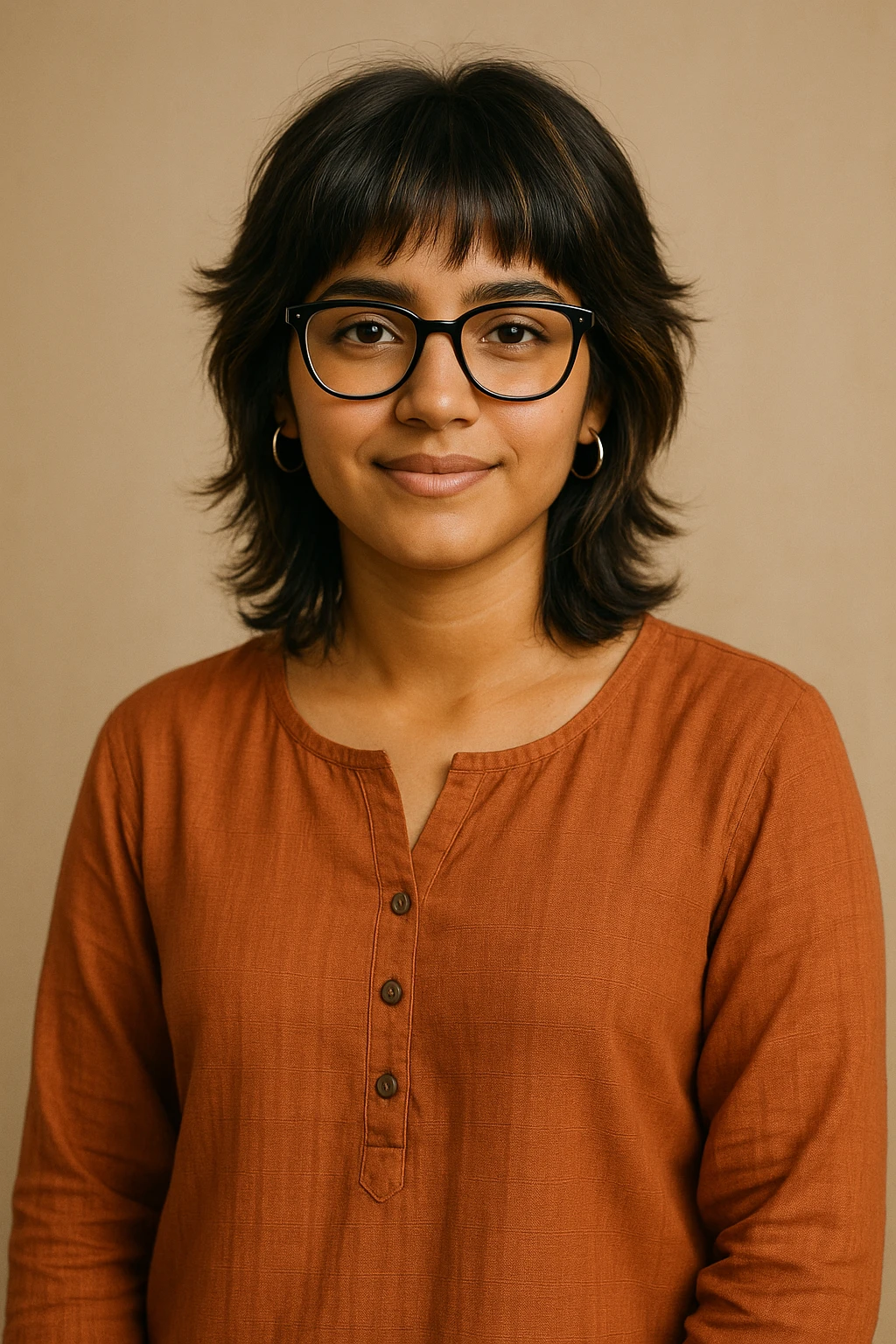 a 19-year-old girl with tan skin, shoulder-length wolfcut hair dark brown with hazel highlights, black bowline glasses, silver hoop earrings, wearing a kurti, relaxed modern style emoji