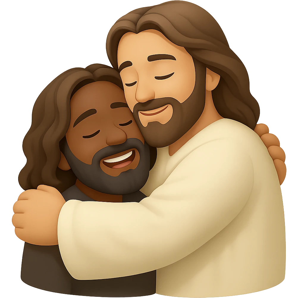 Create an emoji style image of Jesus hugging a person with a gentle smile, soft colors, transparent background. The style should resemble apple style emojis but with editing support, focusing on gentle and soft emotion. emoji