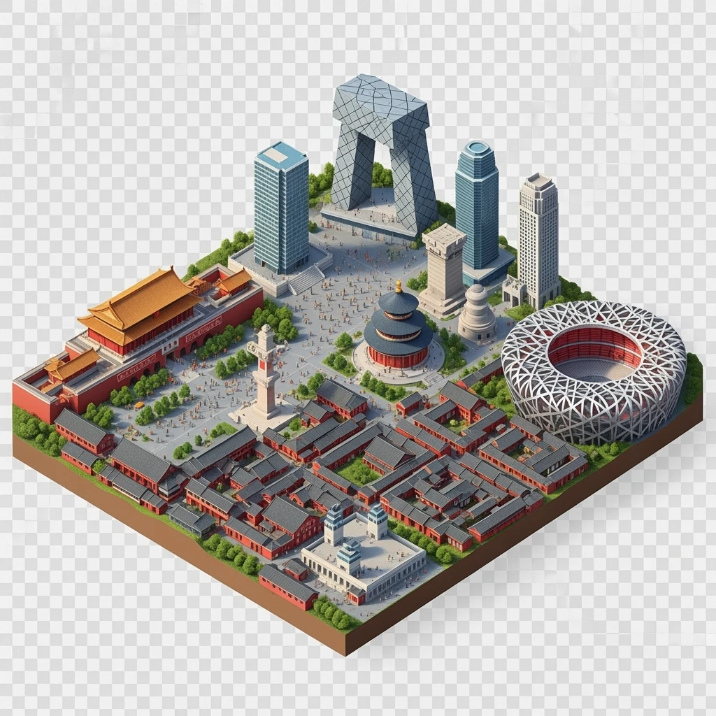 Isometric miniature of Beijing Forbidden City, Tiananmen Square, CCTV Headquarters, Temple of Heaven, China Zun Bird’s Nest Stadium and crowded hutong alleys, apartment blocks, 3D miniature effect and Tilt Shift effect, no cartoonish look, transparent background, don't cut angles emoji