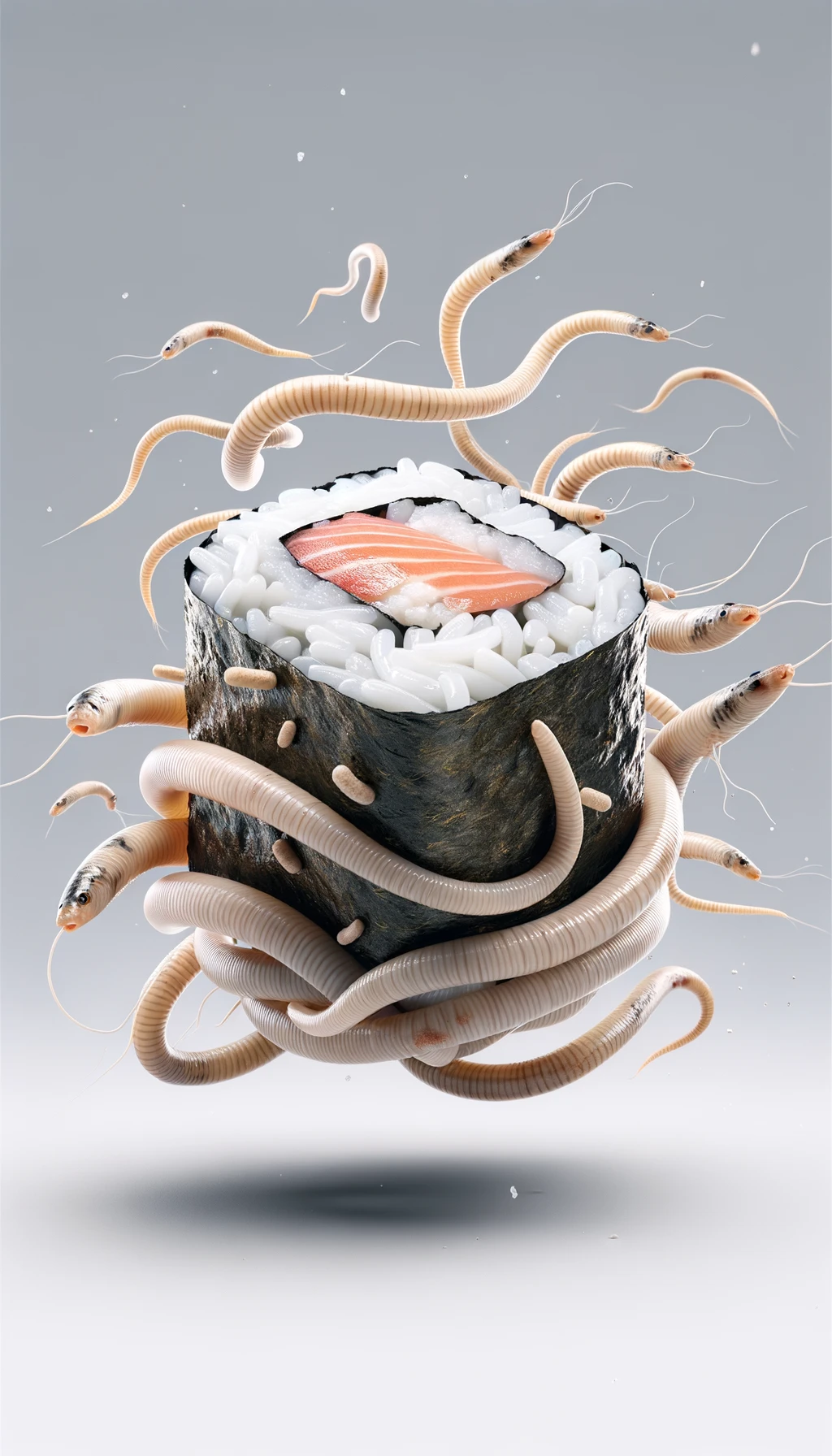 sushi crudo fluttua in aria insieme a dei lunghi vermi beige chiaro, iperrealistico 4k emoji