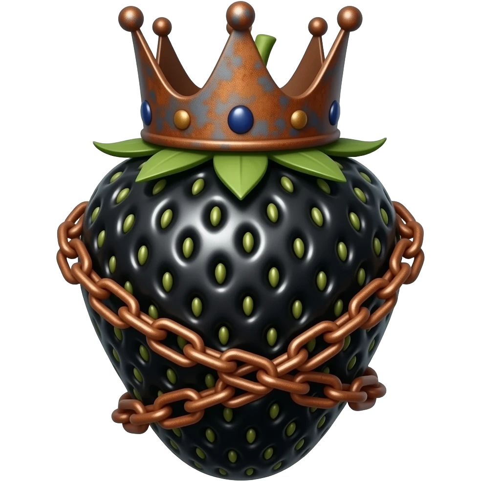 a black strawberry that has a rusty, richly decorated royal crown instead of a stem. A crown of thorns is wrapped around the strawberry's body and a rusty bronze chain is spinning around its body emoji