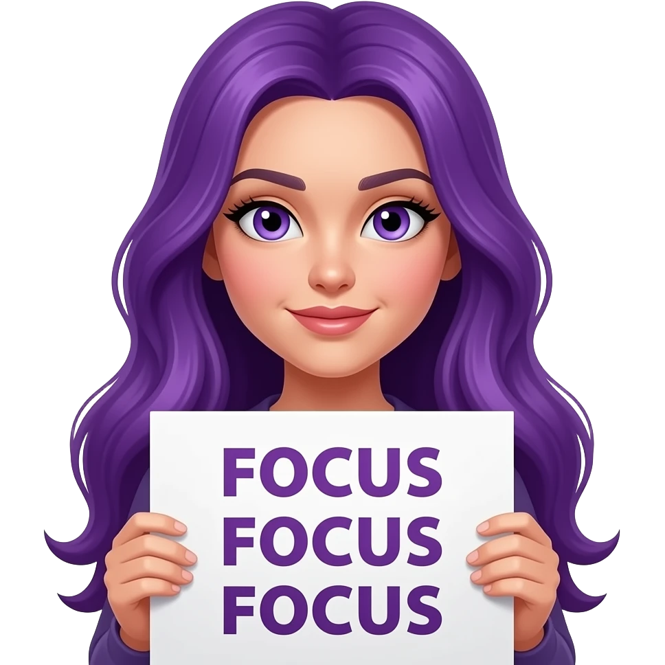 sexy girl with long purple hair and purple eyes holding a FOCUS FOCUS FOCUS sign emoji
