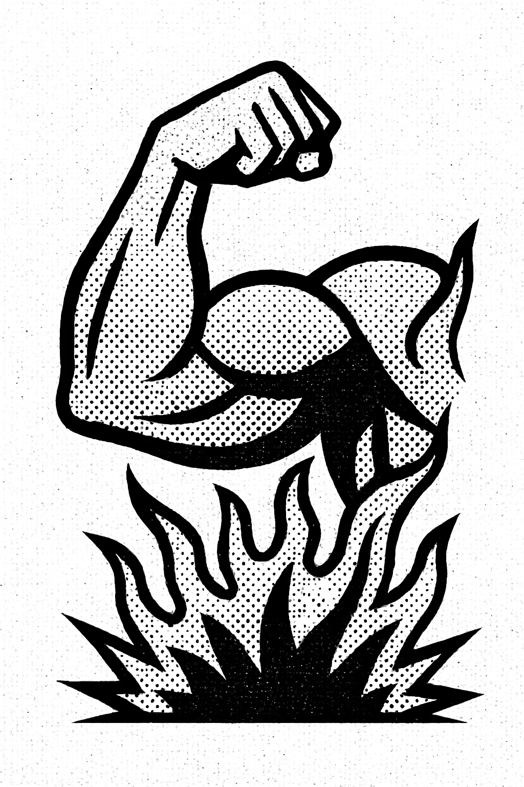 A flexing bicep emerging from a stylized fiery explosion, dynamic and bold, in a classic comic book style with halftone shading and dramatic lines. emoji