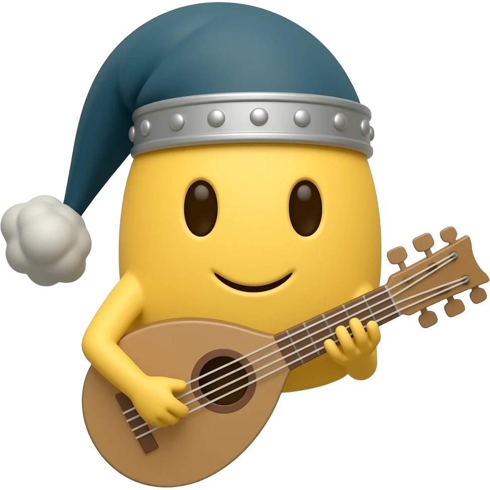 round yellow face emoji with a medieval bar hat and a bard instrument emoji