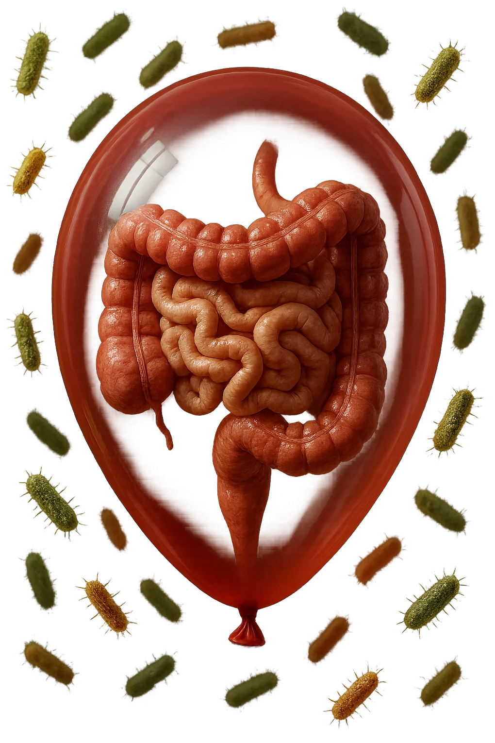 intestino umano anatomico chiuso in un palloncino rosso con batteri intestinali che fluttuano intorno, iperrealistico 4k emoji