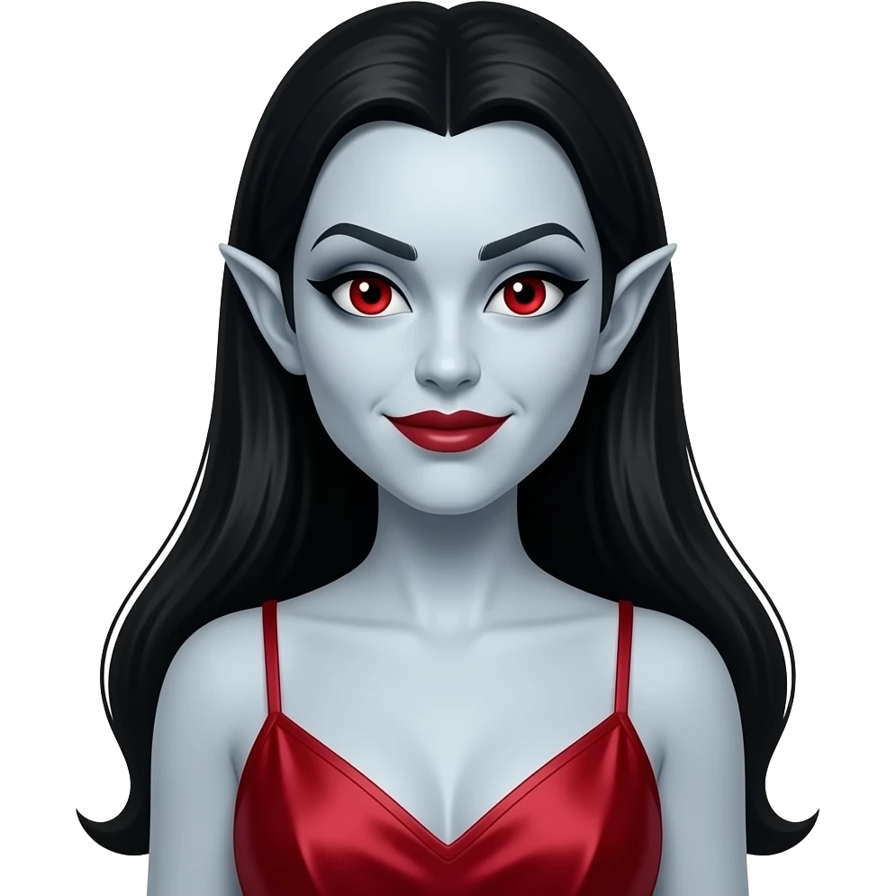 Bride of Dracula from Heroes and Villains with pale-grey skin, red eyes, long black 30s hair, red silk nightgown emoji