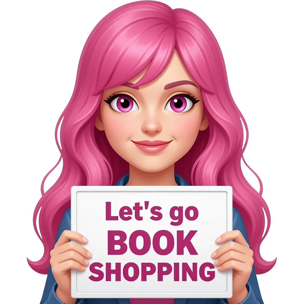 sexy girl with long pink hair and pink eyes holding a Let's go BOOK SHOPPING sign emoji