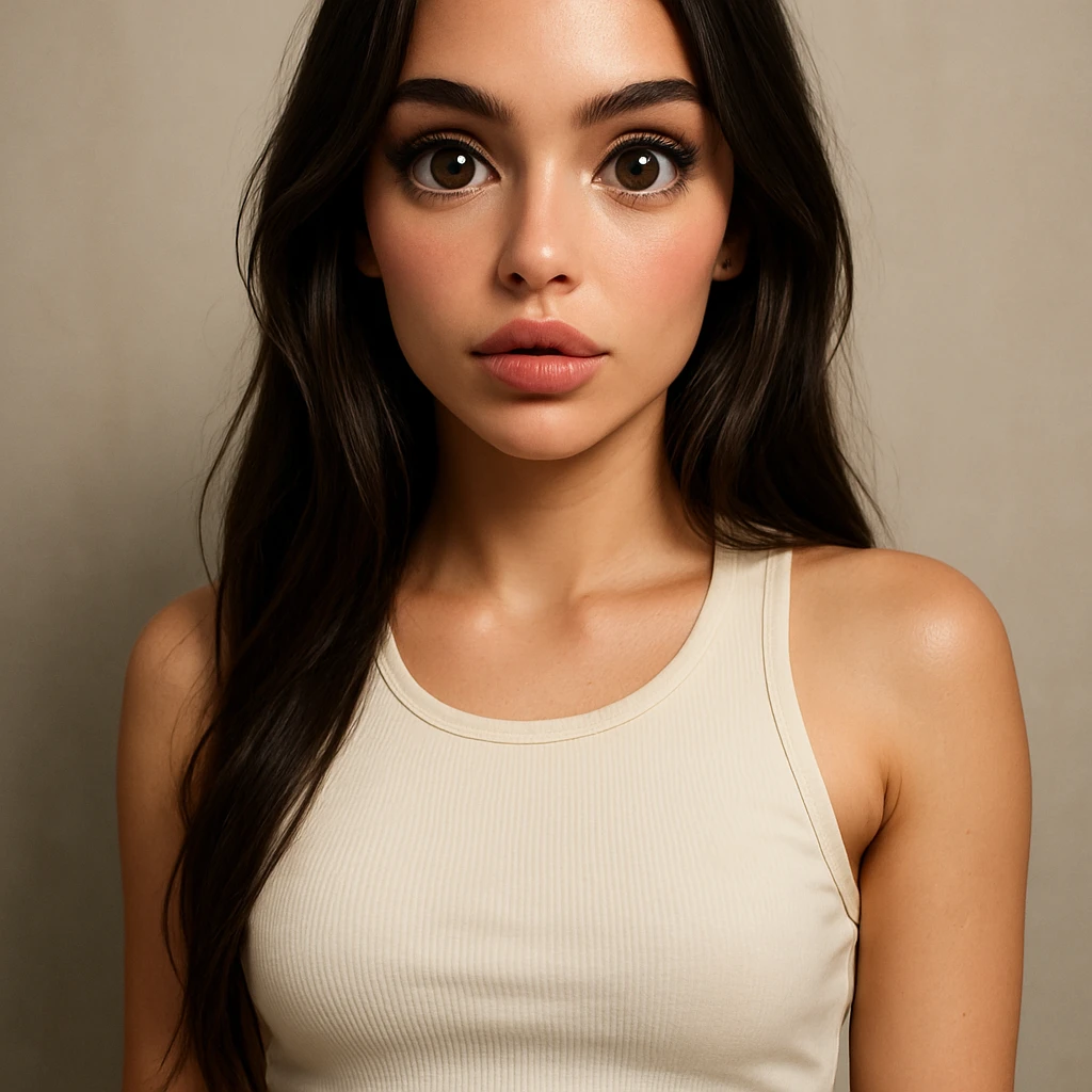 realistic digital portrait in Valkarnaval style, hybrid face of Megan Fox and a popular Eastern European TikTok influencer, large wet anime-like eyes, pouty lips, soft baby-glow skin, light sporty makeup, streetwear outfit (crop top and joggers), soft studio lighting, Instagram aesthetic, high detail, 8K emoji