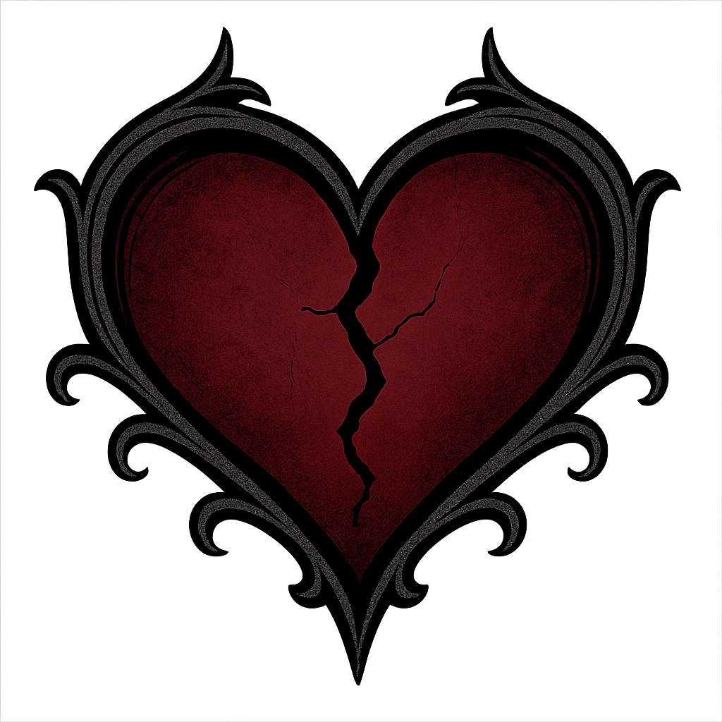 gothic style heart with a broken crack, black and deep red colors, transparent background emoji
