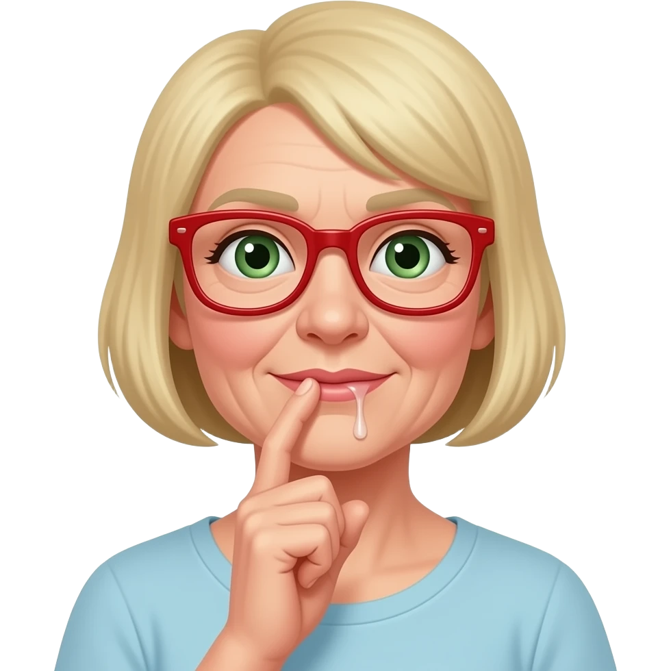 Ssanie palca przez starszą  kobietę i szczuplejszej  twarzy  językiem włosy blond zielone oczy i okulary w kolorze czerwonym, kapiąca ślina emoji