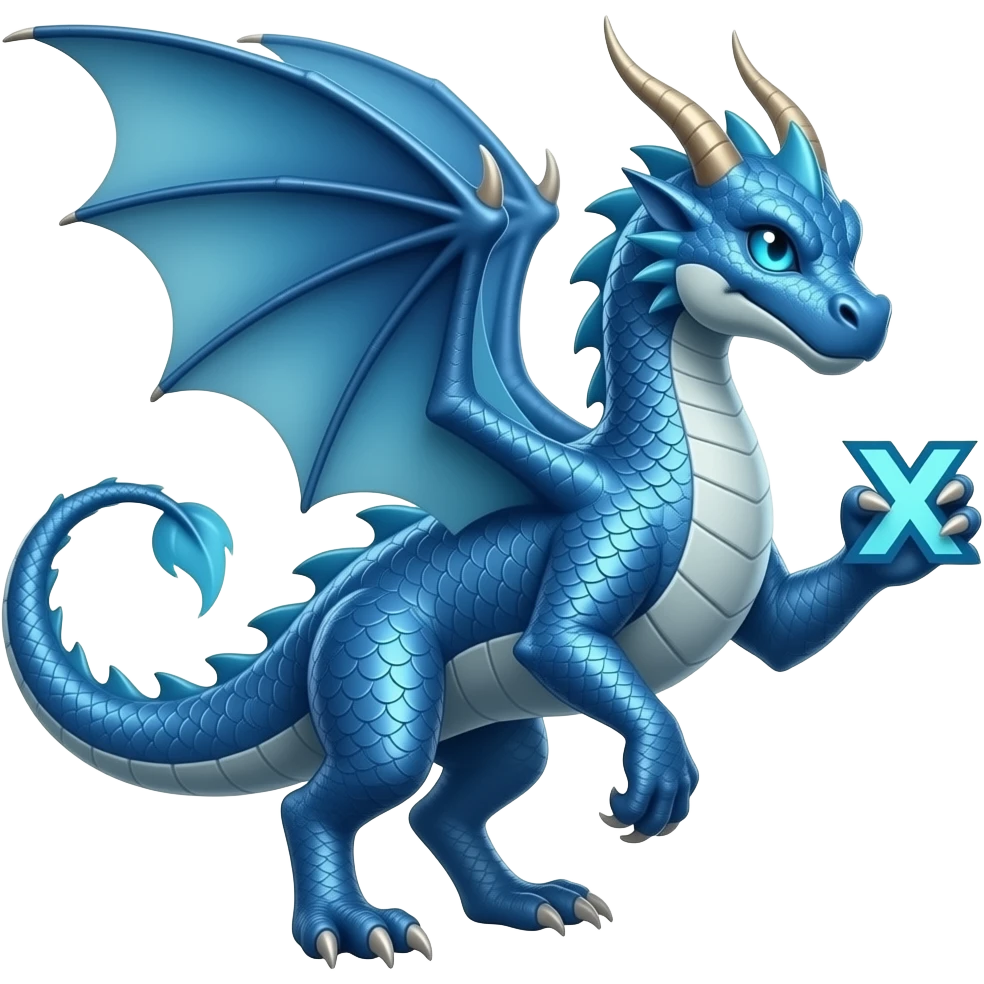 Blue dragon looking right holding X logo emoji