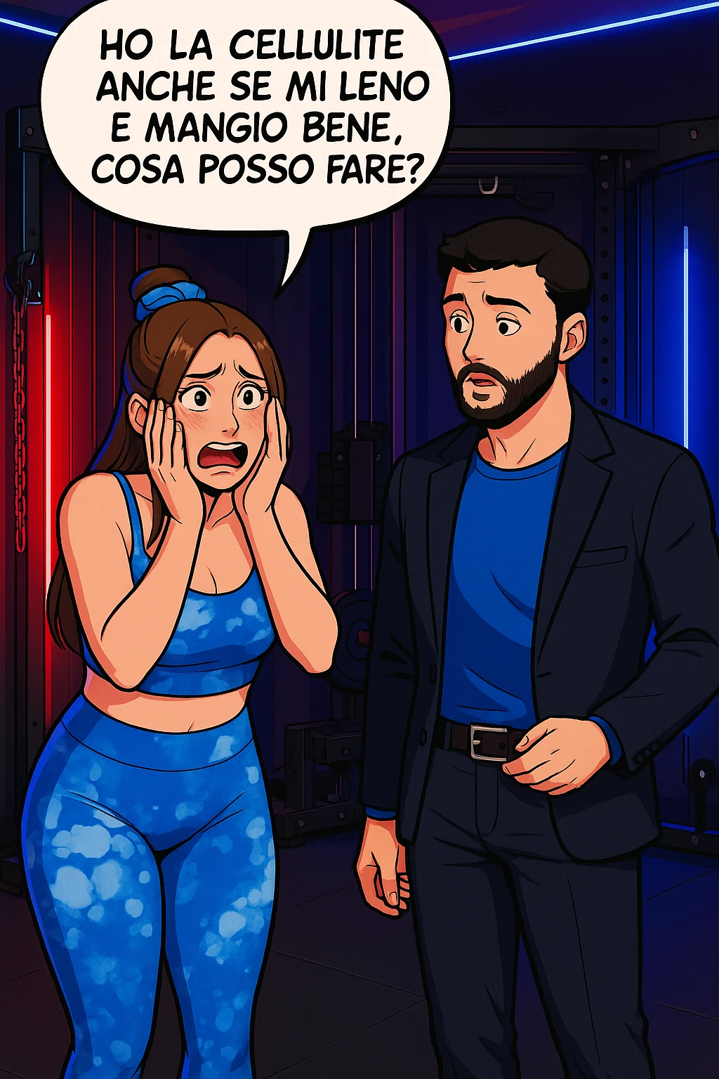 TRASFORMA QUESTO CAROSELLO IN UN FUMETTO STILE WEBTOON/MANGA A COLORI CON QUESTE DUE PERSONE IDENTICHE CHE INTERLOQUISCONO TRA LORO, LA DONNA è DISPERATA CON LE MANI SULLE GUANCE E STA DOMANDANDO TUTTA AGITATA UNA COSA ALL'UOMO:

LEI (DONNA): Ho la cellulite anche se mi alleno e mangio bene, cosa posso fare? emoji