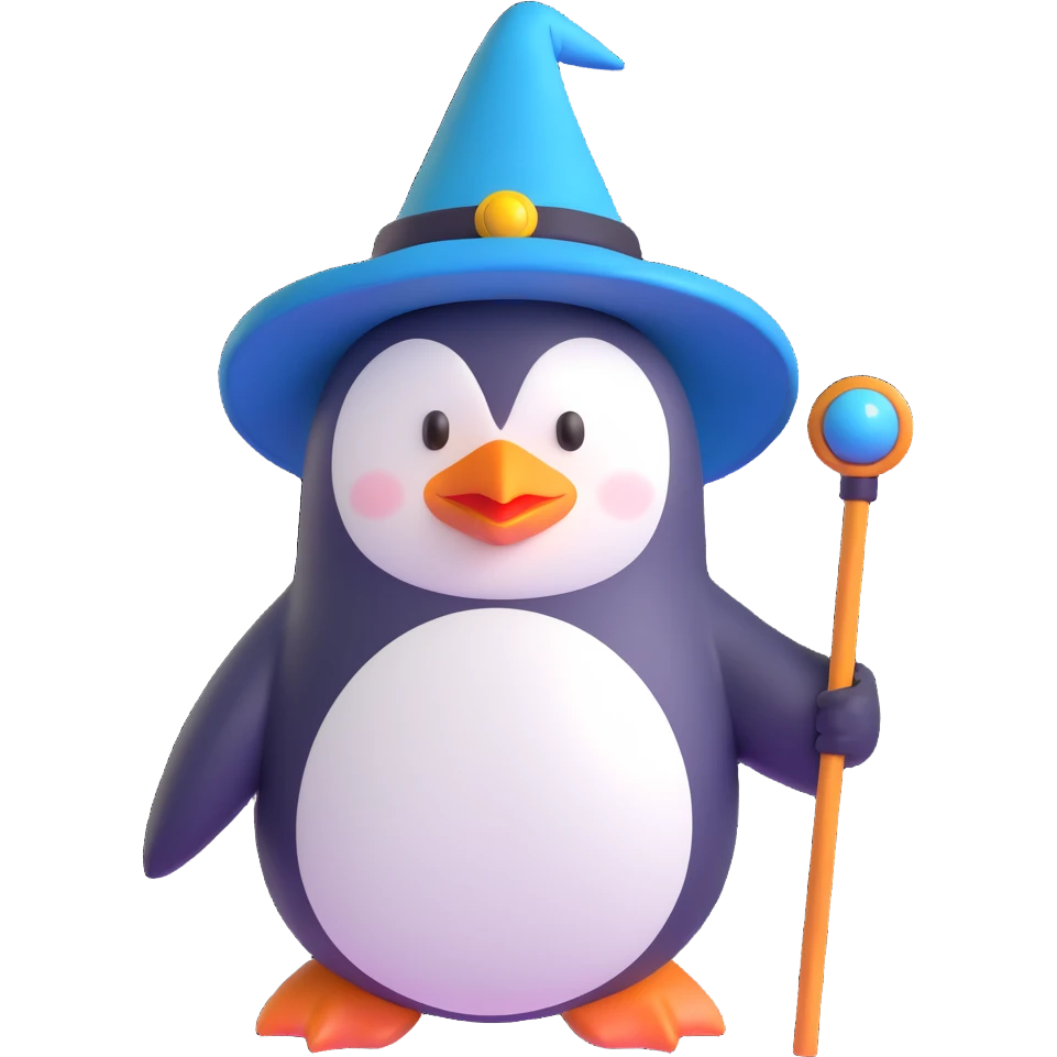 penguin wizard, fantasy, magical, staff, hat emoji