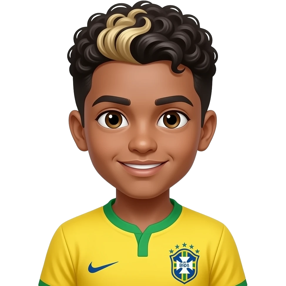 create a BOY with curly black short hair with blond highlights and make sure add a brazilian shirt yellow for the character to be white emoji