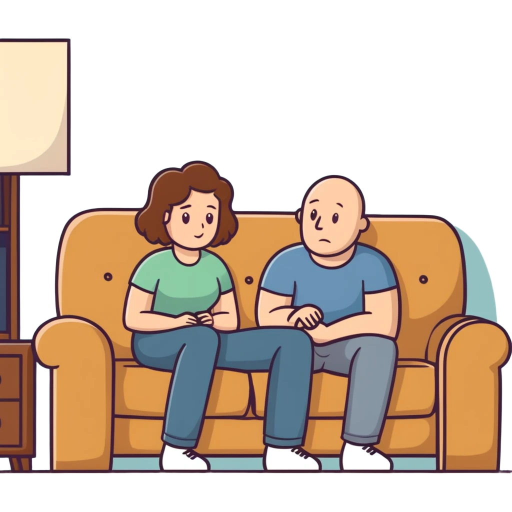  One Caucasian woman with brown hair, big boobs, wearing pants sitting on couch with a bald man that has a big lump in his pants emoji