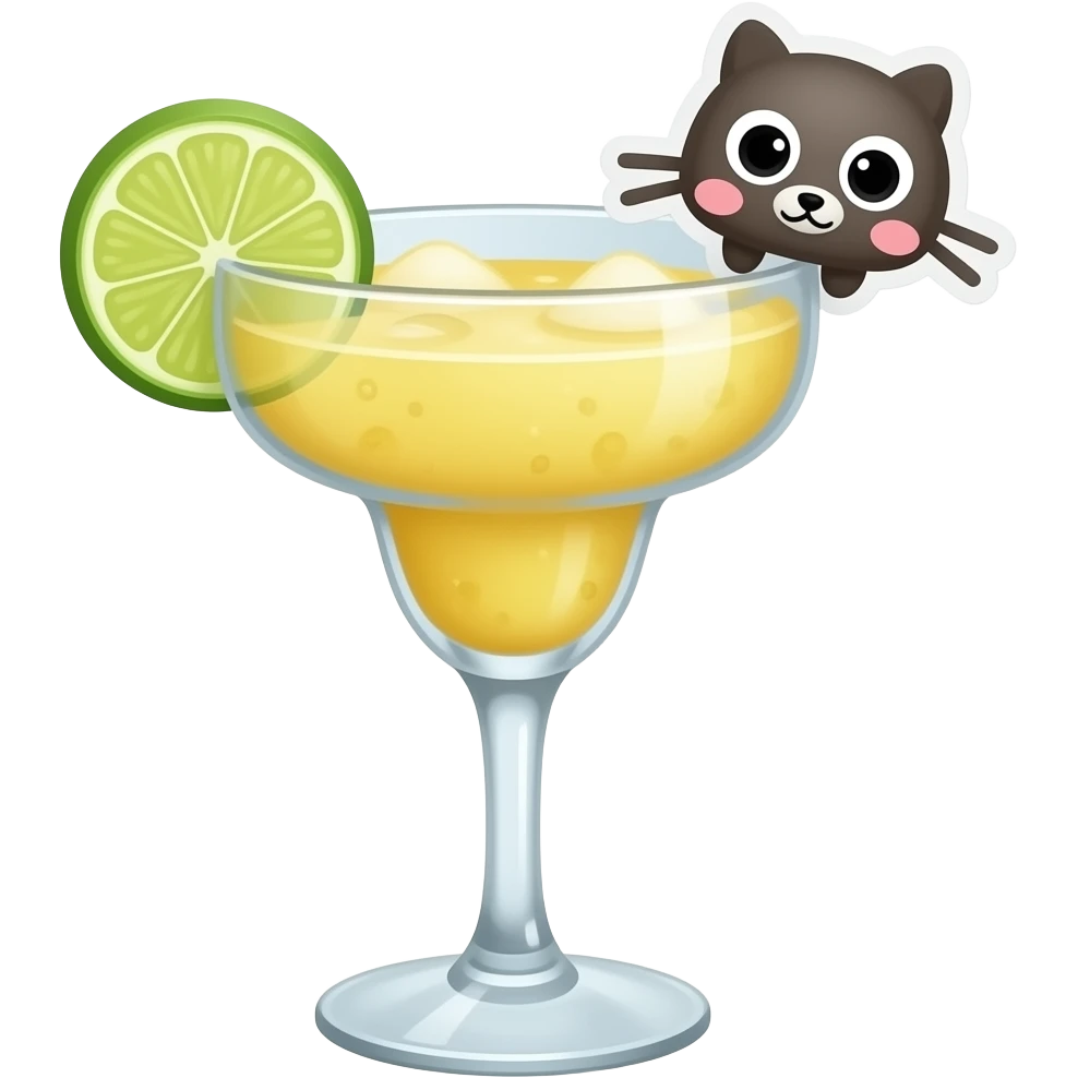 badtz-maru the sanrio character themed black and little bit of yellow colored cocktail in margarita glass with actual illustration of badmatz-maru as a garnish emoji
