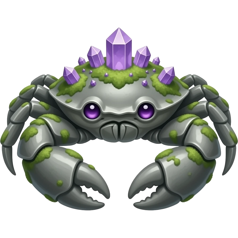 A big Gray crab with moss on its back in with purple crystals on its back and also with purple eyes facing forward emoji