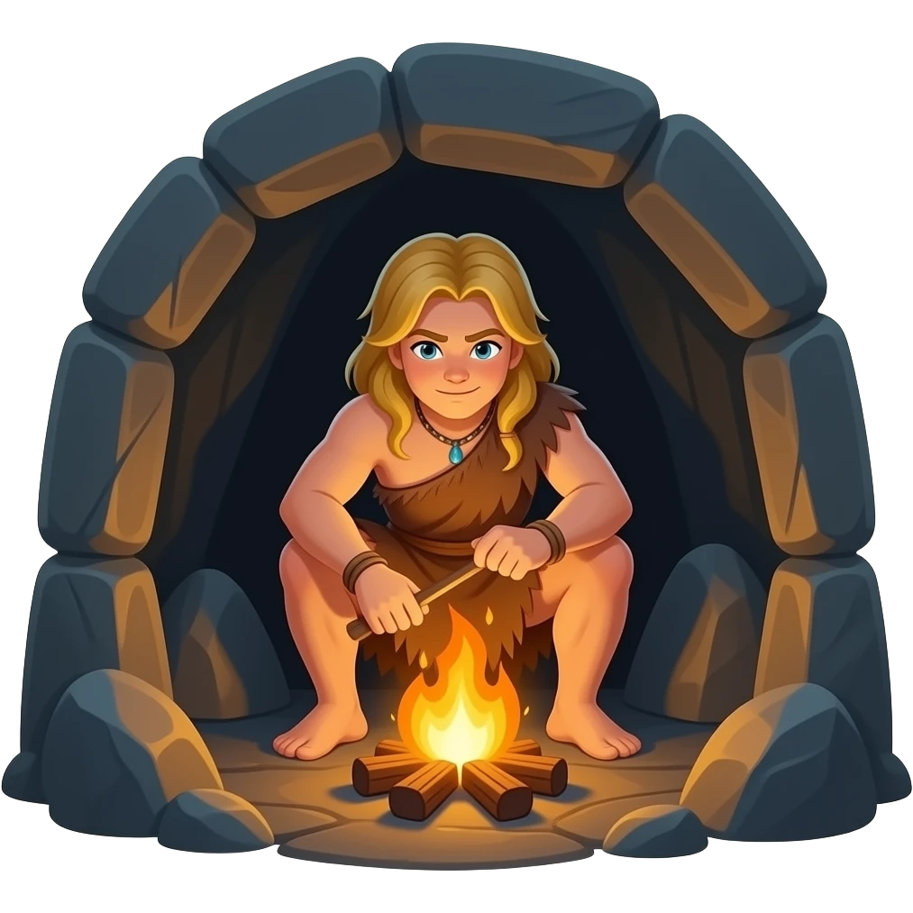 blonde cavewoman making fire emoji