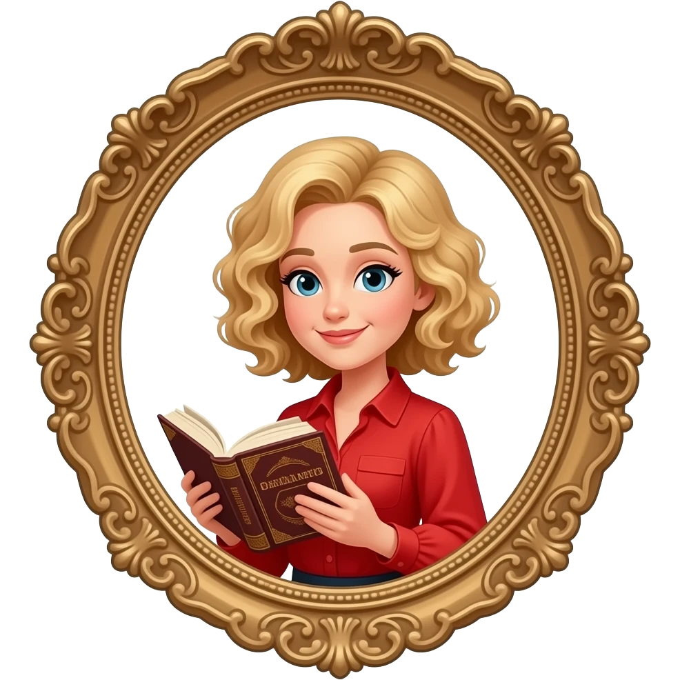 blonde curly bob reading an antique book in a red blouse and antique frame emoji