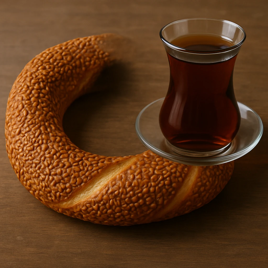 Add a traditional Turkish tea glass next to the simit, keeping the realistic style, matching the lighting and shadows. emoji