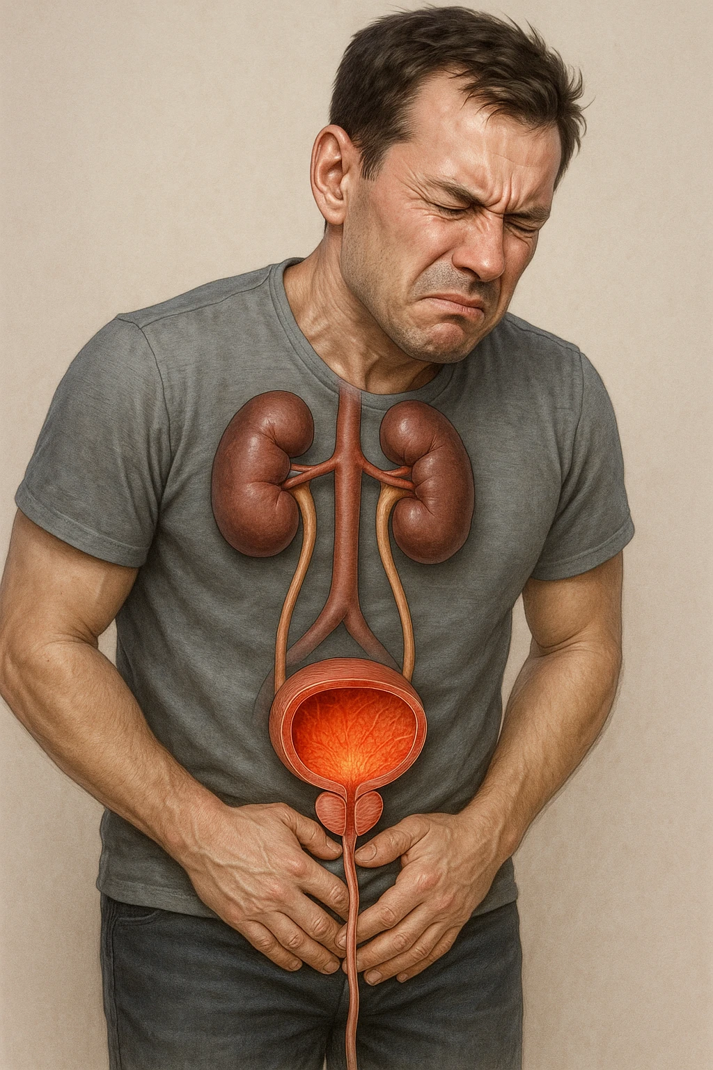 Vertical, hyper-realistic 3D cutaway illustration: uomo con difficoltà con cistite e problemi  emoji