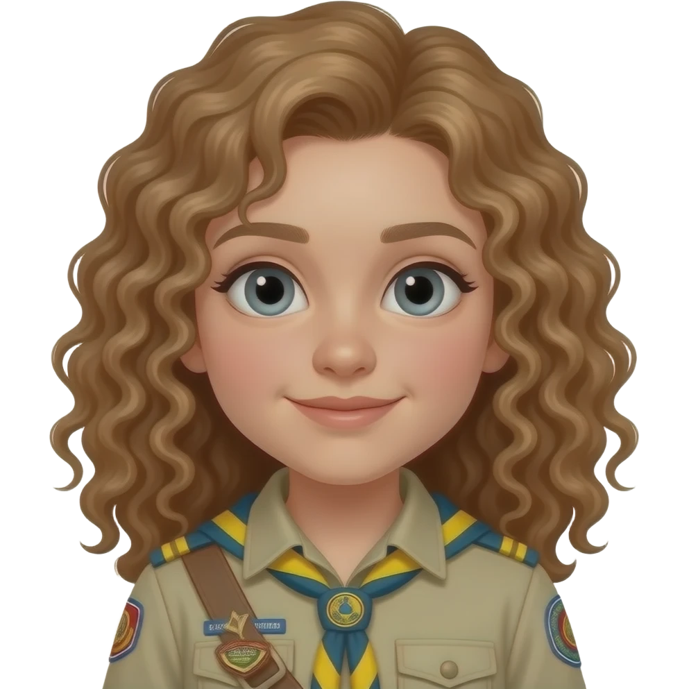 make a girl with brow  curly long hear in a pony big nose grey eyes big 13 jear in the seond in a scout suit emoji