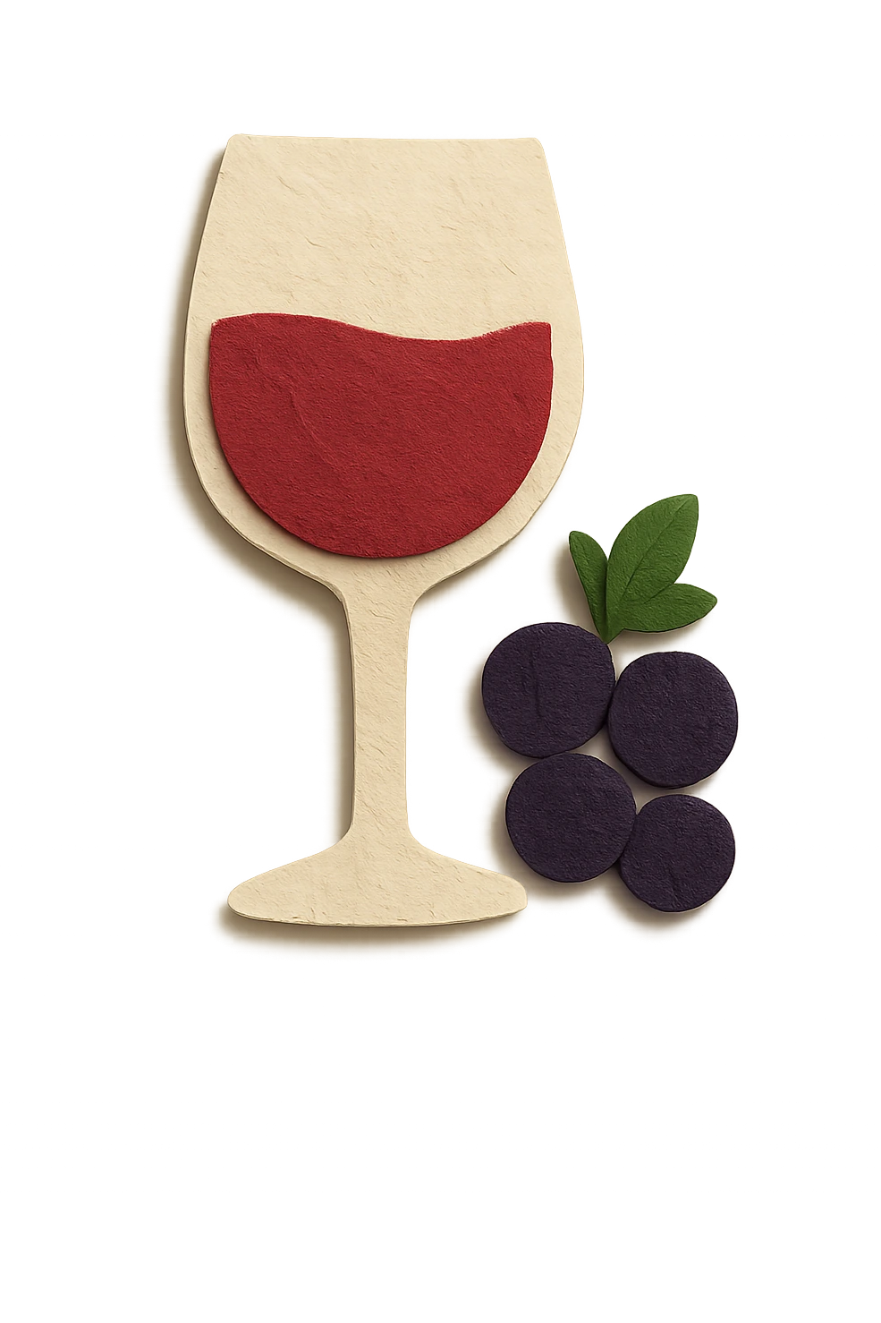 red wine icon, paper craft style, red wine glass with dark purple grapes beside it, no background emoji