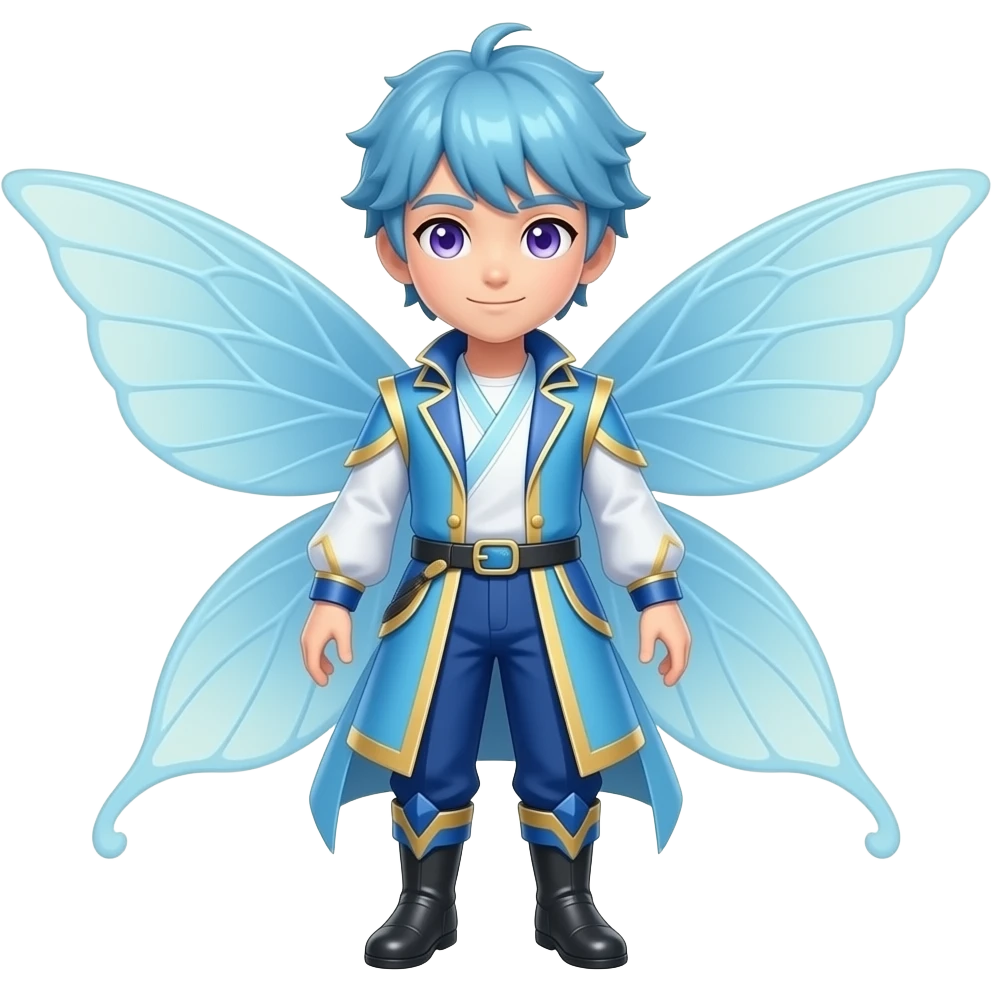 A full body male water fairy with blue hair violet eyes and wearing a blue outfit with white and cream yellow accents. emoji