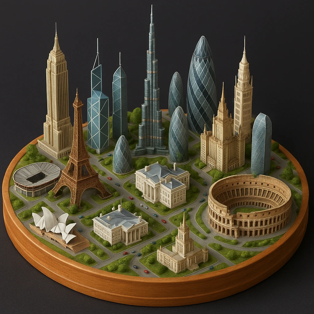 Оставь основу картинки - деревянную подставку, но при этом сгенерируй изометричную, яркая, детализированную и фотореалистичную модель где будет самые узнаваемые здания мира - Эмпайр Стейт Билдинг, Эйфелева башня, Колизей, Сиднейская опера, стадион Сан-Сиро, Белый Дом Пизанская башня, здание МГУ, Бурдж-Халифа, Башни Петронас, Небоскрёб Фостера в Лондоне, Рейхстаг, Тайбэй. Здания не должны повторять и должны быть на картинке в единственном экземпляре emoji
