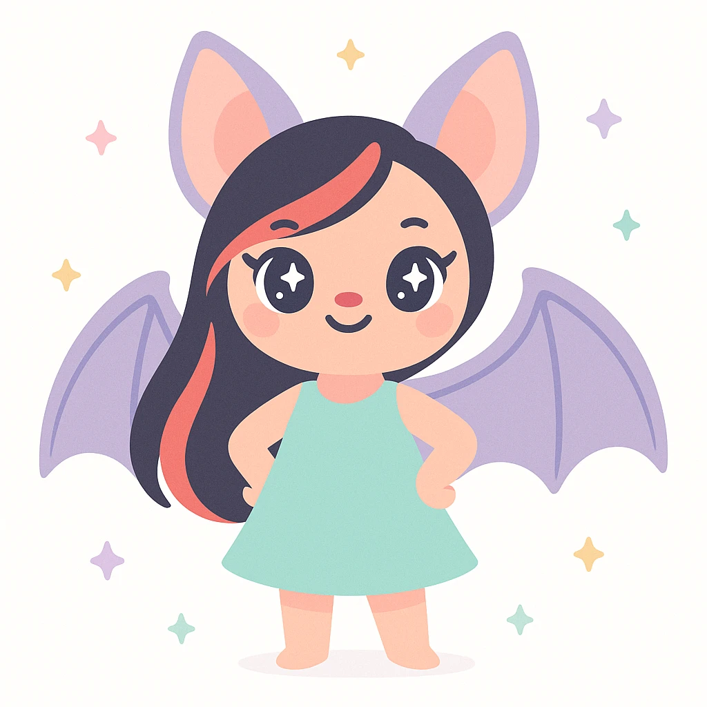 stylish female bat with long black and red hair, confident expression, modern character art emoji