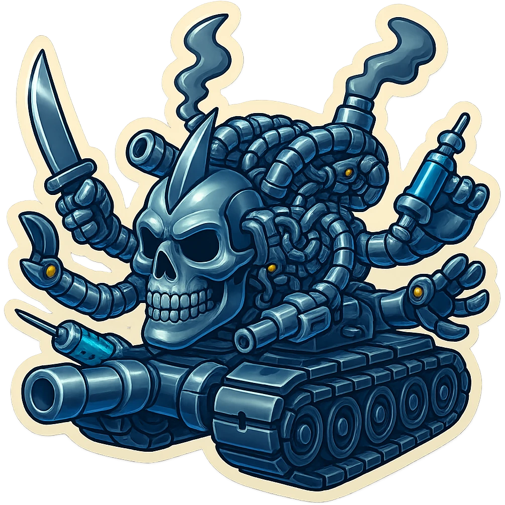 Create a skull robot tank with 4 distinct appendages, each holding a different weapon: an industrial blade, a blaster, a syringe, and a claw. The metal should be shiny silver-grey, not too dark, with clear mechanical detail and compact proportions. The style is retro stickers with a clean outline and transparent background. emoji
