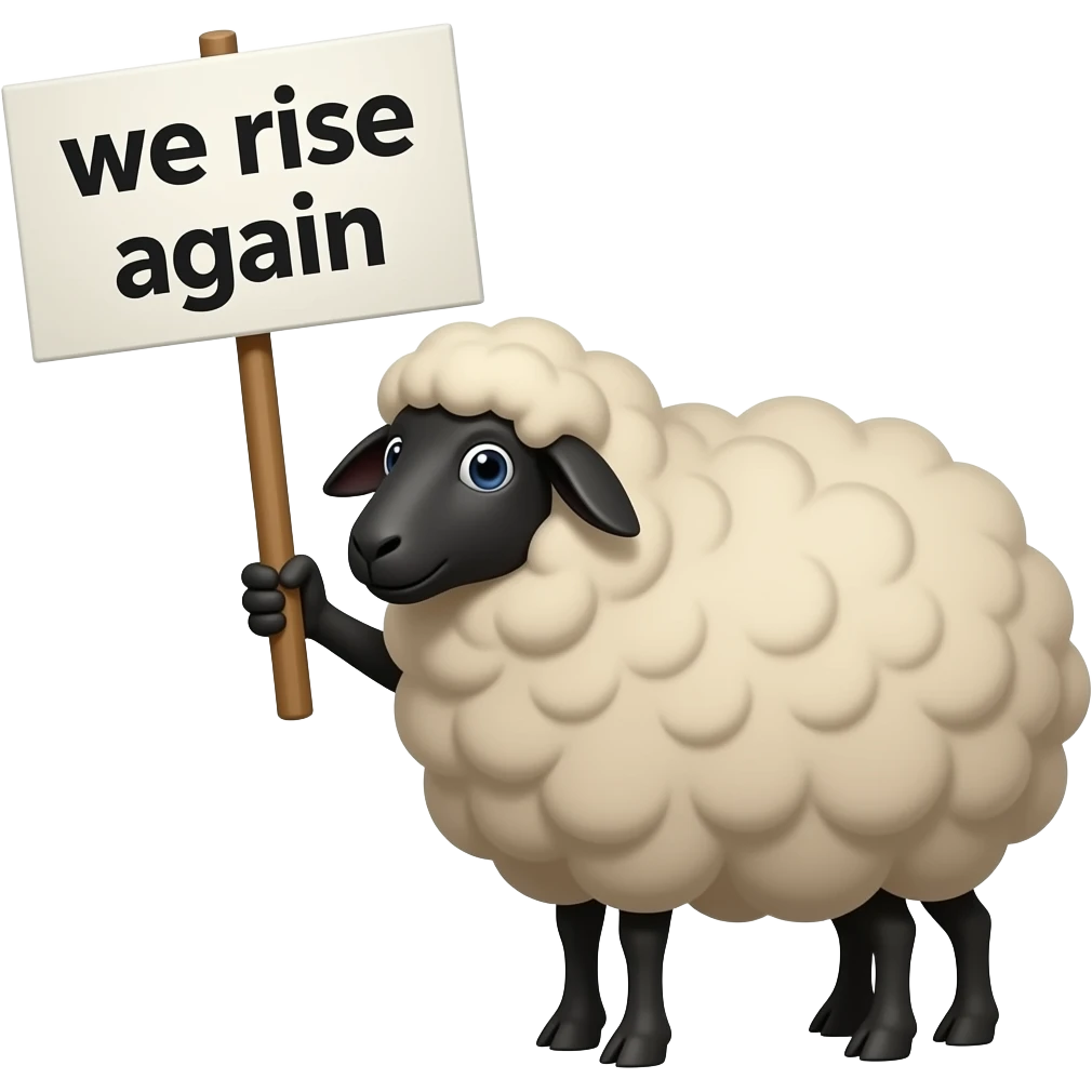 Black sheep with a sign saying we rise again. emoji