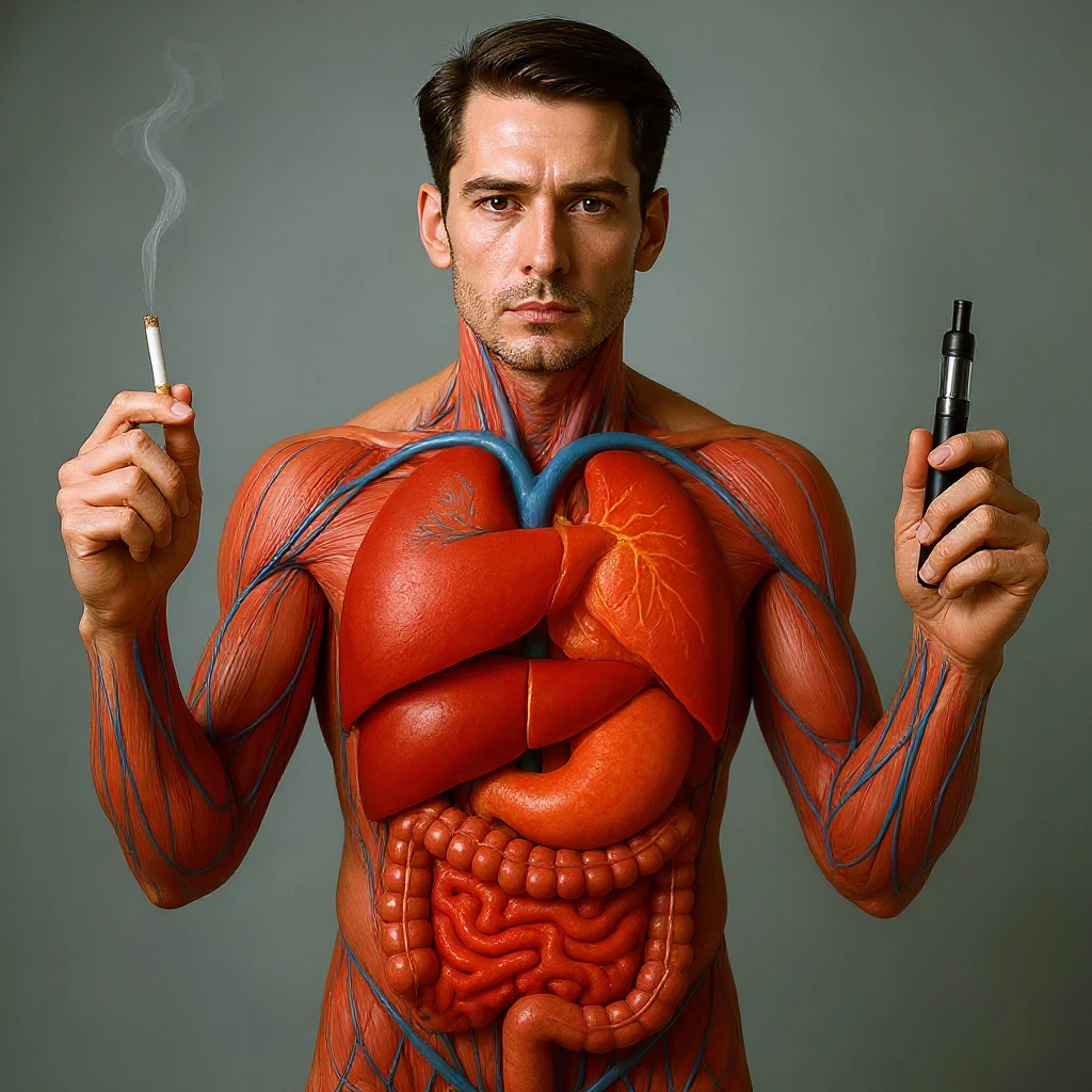 Hyperrealistic 4K vertical 9:16 medical illustration, realistic human anatomical body, inflamed liver and intestines highlighted, man holding a lit cigarette in the right hand and an electronic cigarette in the left, style identical to the reference image. emoji