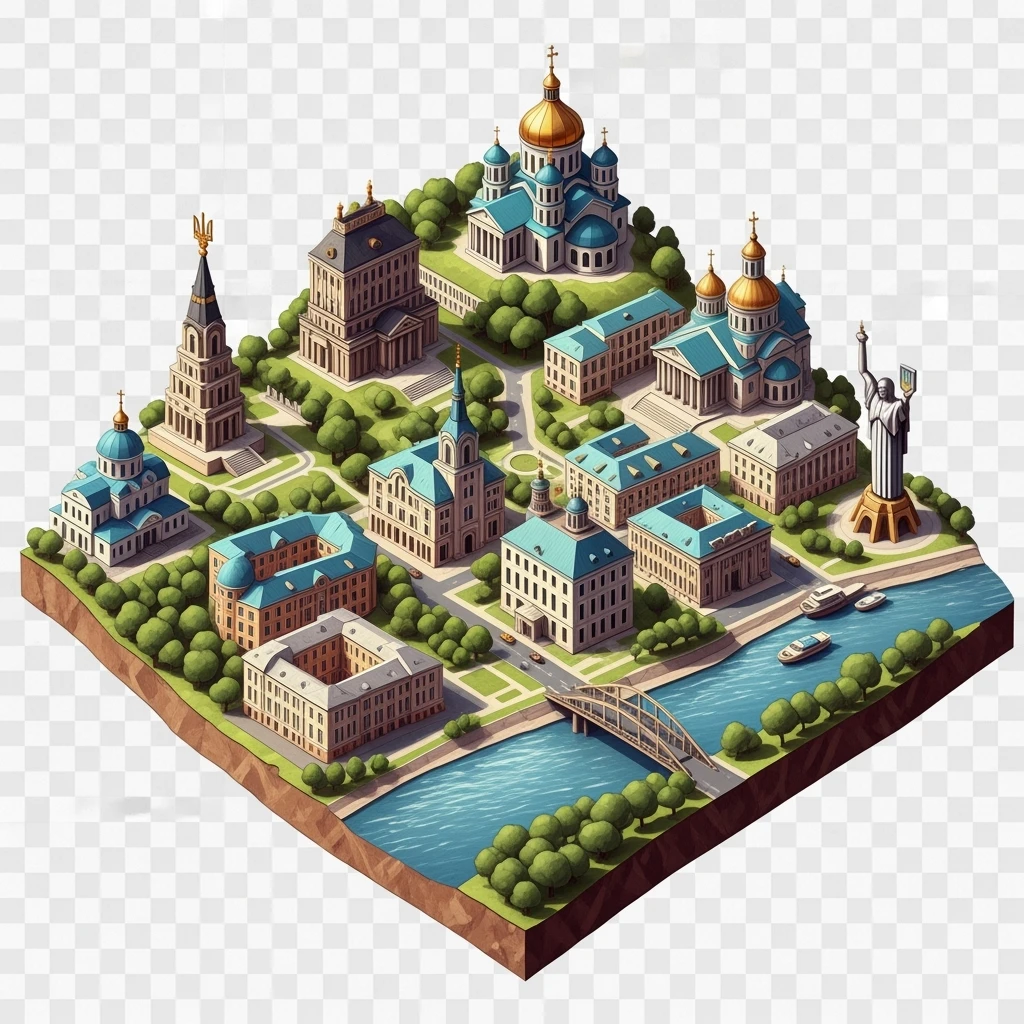 Isometric illustration of photorealistic Kyiv, balanced between paint stylized and realistic, 3D miniature effect, transparent background. emoji