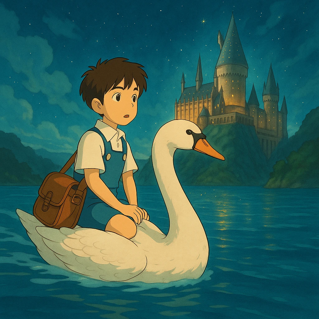 The same anime boy character from the reference image, in Studio Ghibli style, riding a large swan over water. In the far distance, Hogwarts, a magical school, is visible as his destination. Magical, whimsical atmosphere, detailed background. emoji