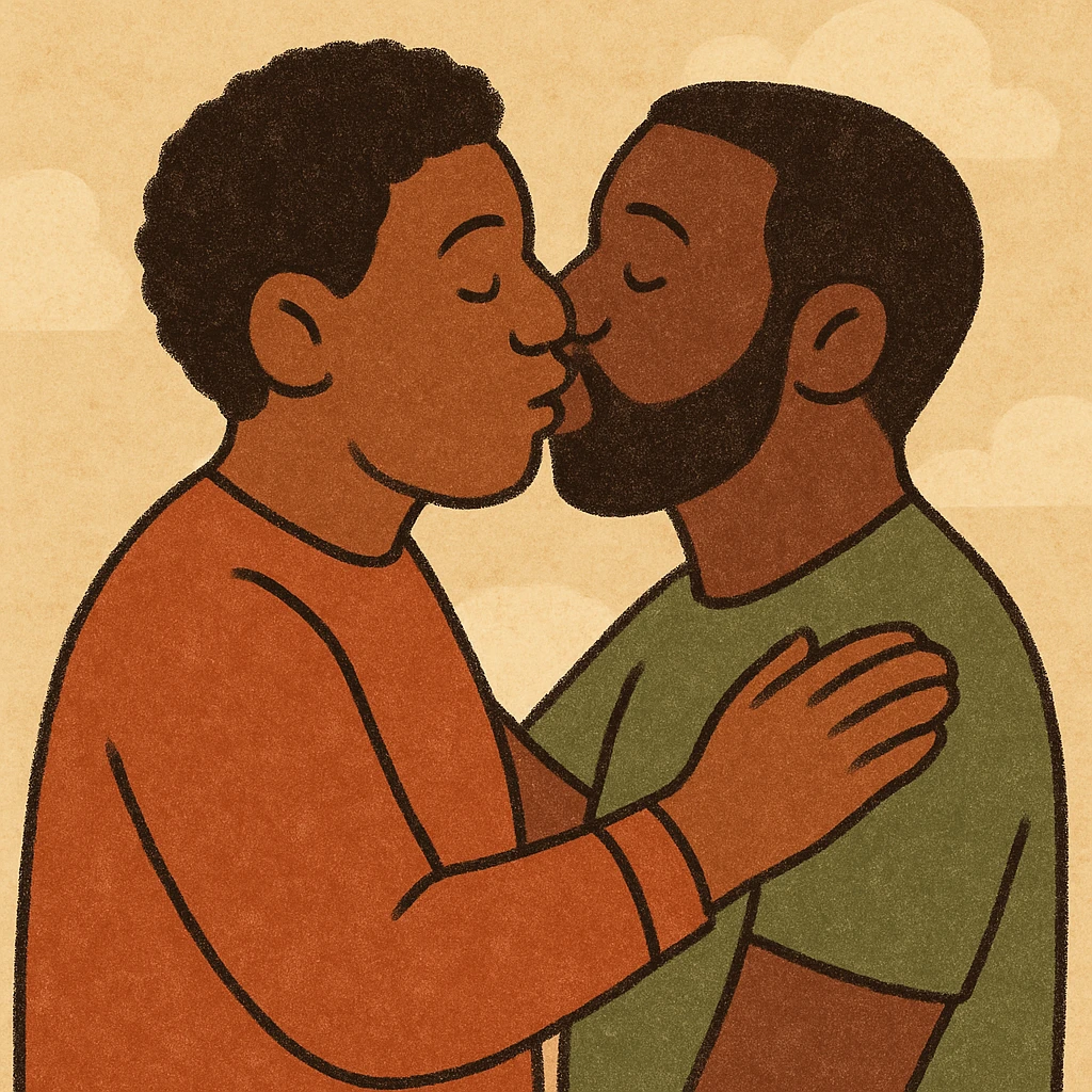 two Black men kissing, cartoon style, warm and expressive, simple background emoji
