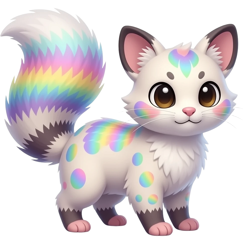 Realistic cute adorable pastel-iridescence-gradients albino fur with random colorful iridescent rainbow markings beautiful elegant pretty precious cute Fakémon-Pokémon-opossum-feline-serval-caracal-chinchilla-Minccino-hybrid-creature with a big fluffy bushy striped tail (full body) emoji