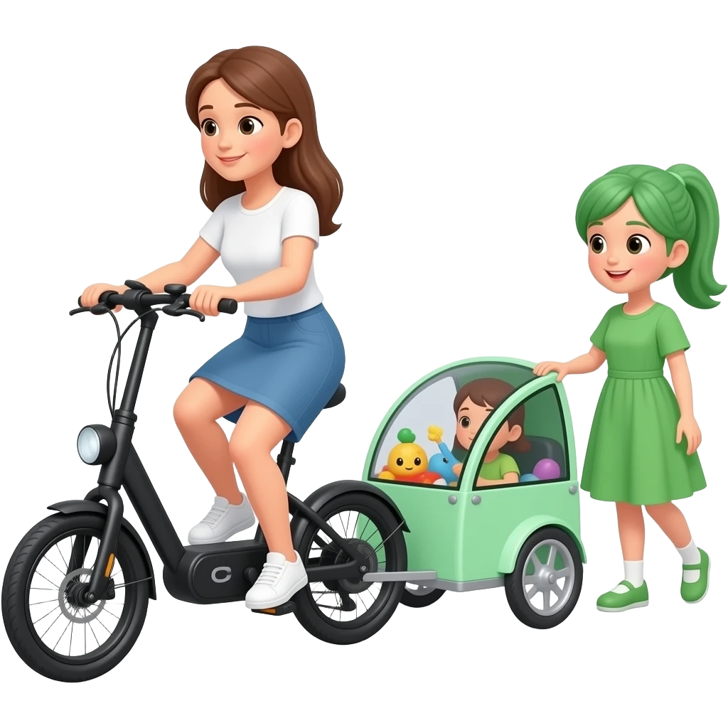 A women who rides a bike a black e in front a little light green bike trailer far kids toys which is attached to the bike avatar’s for kids girl green hair dress kids emoji