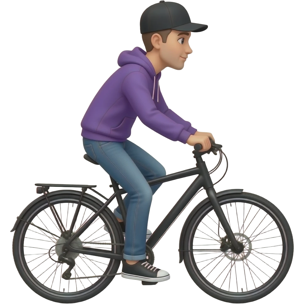tall skinny guy with black basecap and purple hoodie and jeans rides a black e-bycicle in white background. emoji
