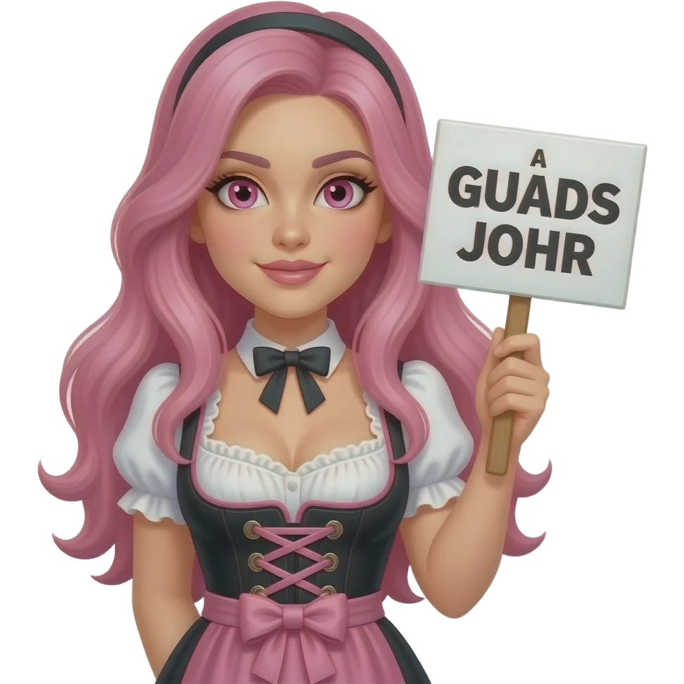 sexy girl with long pink hair and pink eyes wearing a dirndl holding a A GUADS NEIS JOHR sign emoji