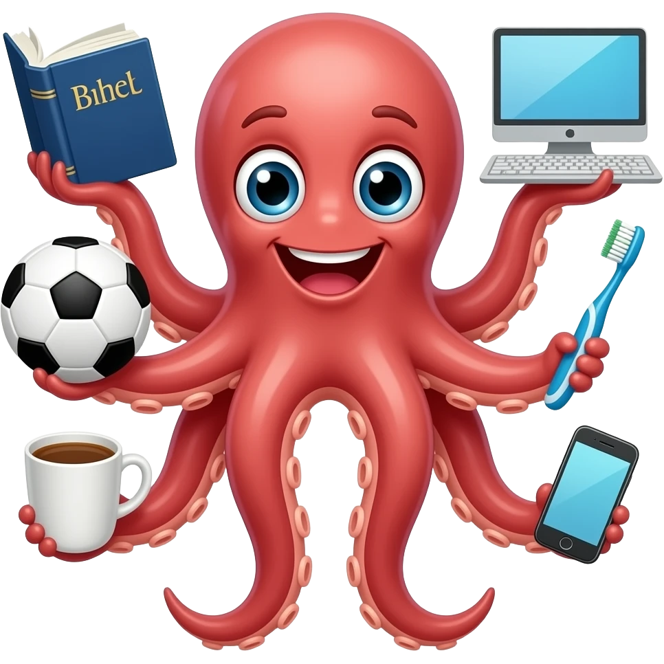 une pieuvre qui est multitache avec la bible, un ordinateur, un ballon de foot , qui bois du café, une brosse à dent, le téléphone et que chaque tentacule tien emoji